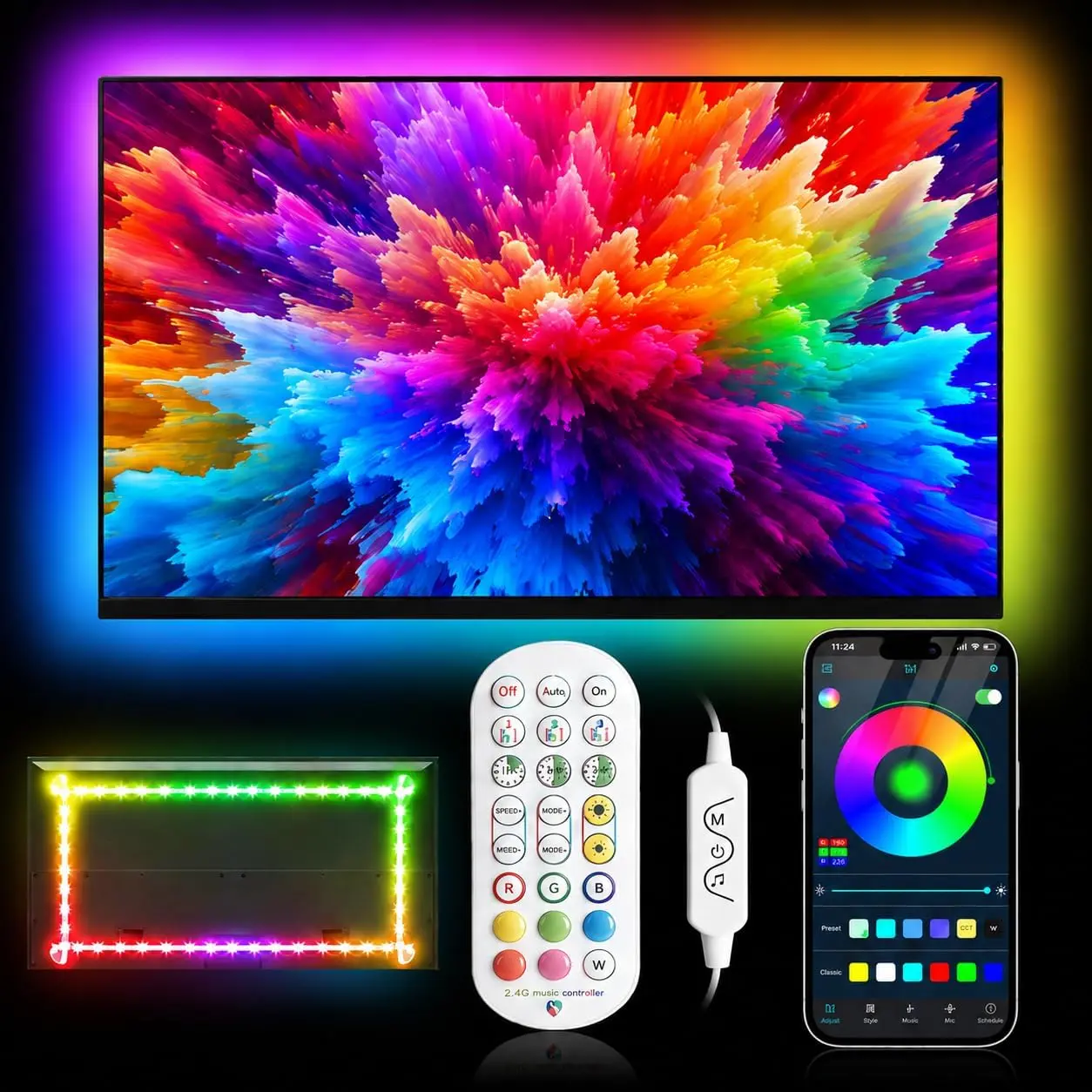 Daymeet 9.8ft Long LED Lights for 32-43 inch TVs, RGB TV Backlight with USB Strip, Bluetooth App Controlled, Color Changing Sync with Music, for Bedroom Gaming Decor