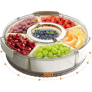 Divided tray with lid and handle, portable fruit and snack storage box, rotating round vegetable tray, suitable for kitchen, parties, travel, and picnics