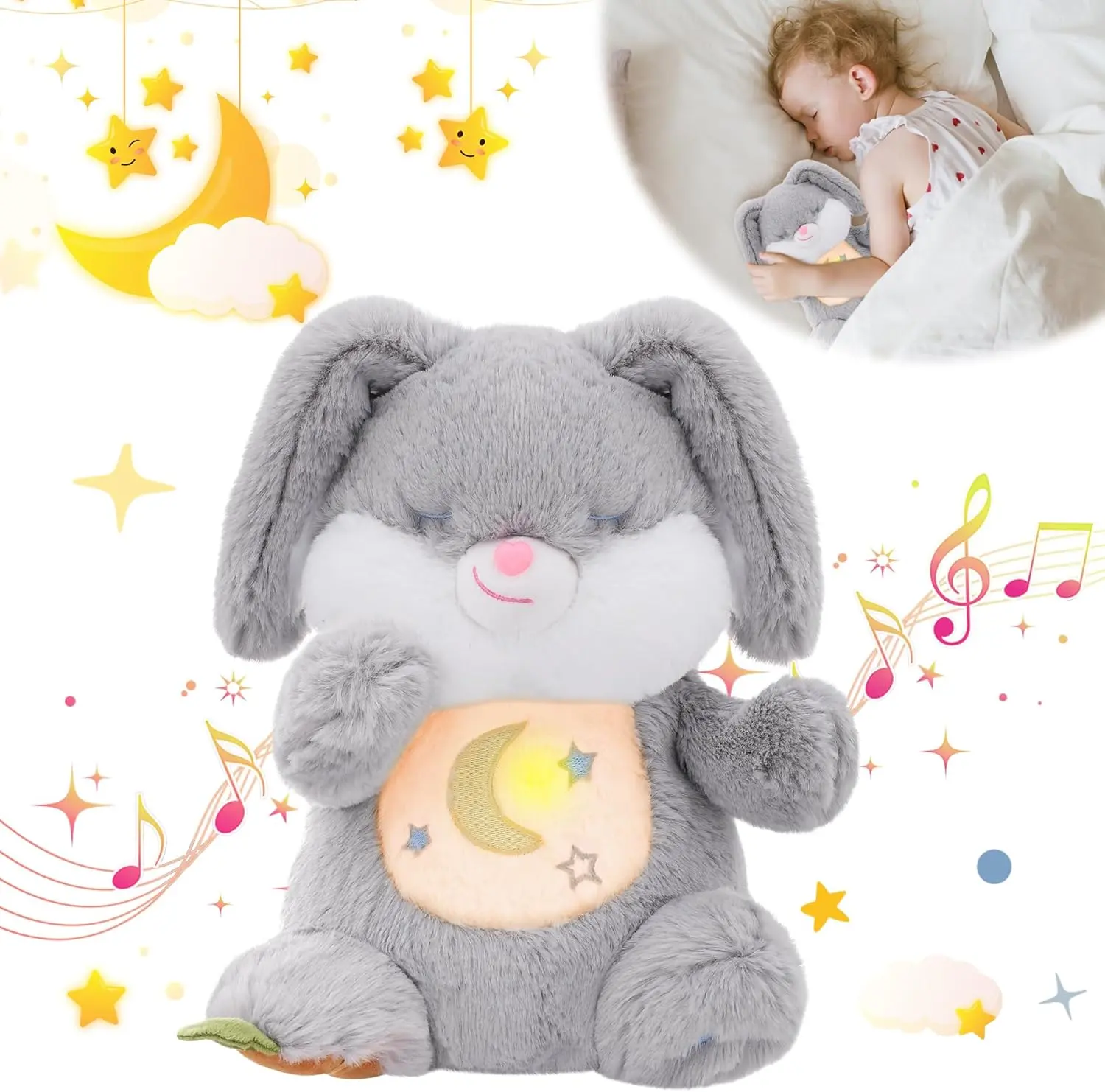 MIAODAM Breathing Stuffed Bunny Plush - Soft Cuddly Gift, Soft Huggable Interactive Realistic Toy with Breathing Motion, Lighted Music, Anxiety Relief, Toddler Gifts, Kids' Easter Decor, DealsForYouDays