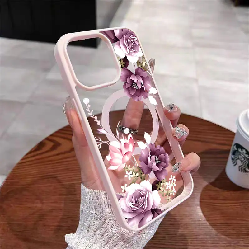 MagSafe Clear Black Border Vintage Purple Rose Lotus Floral Anti-Fingerprint Anti-Drop Protective Phone Case For iPhone 17 16 15 14 13 12 11 XS XS Max 17Air Pro Plus Pro Max Samsung S26 S25 S24 S23 S22 S21 FE Ultra Plus