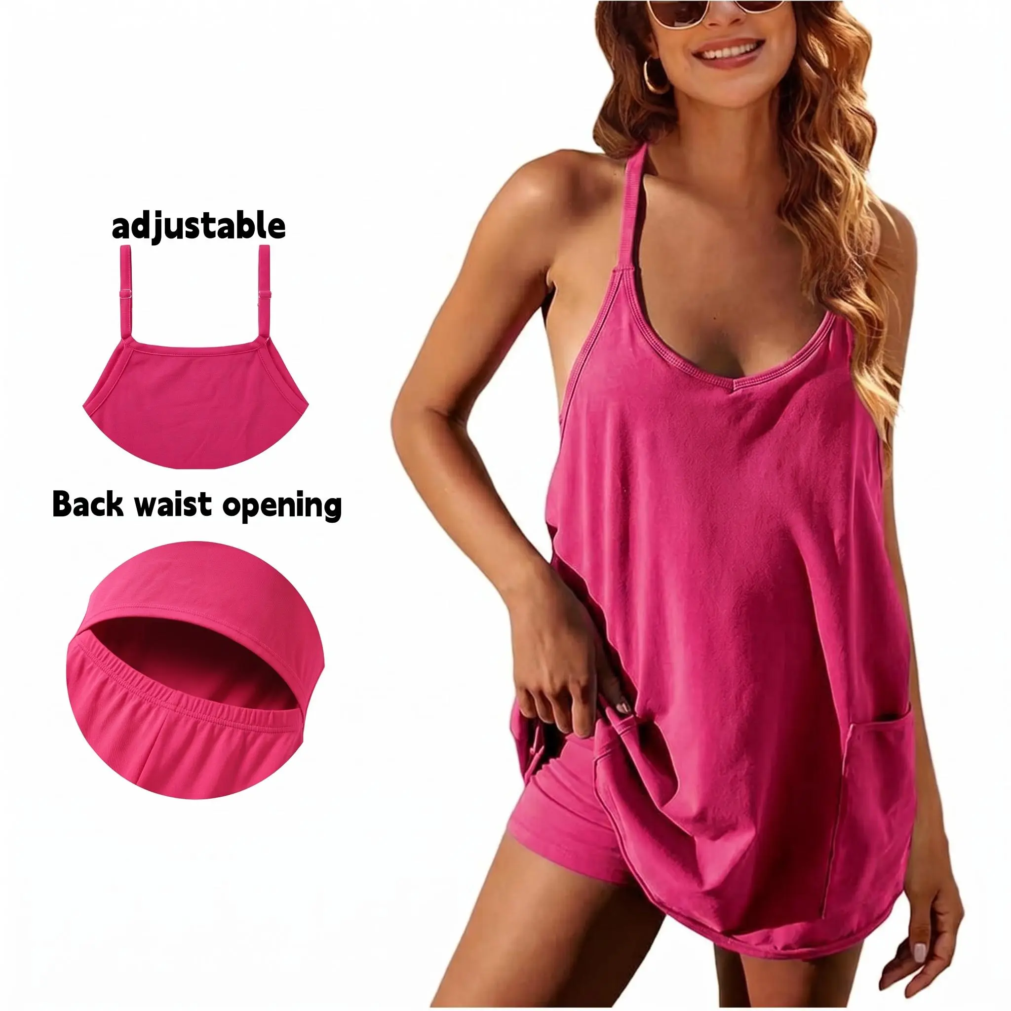 Ekouaer Women's V-Neck Lightweight Athletic Dress - 95% Polyester, Sleeveless with Adjustable Spaghetti Straps, Built-in Shorts, Dual Pockets, Breathable, Open Back for Beach Trips & Casual Use, Mini Dress, Fitted, Tennis, Above The Knee