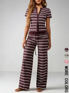 Women's Colorblock Striped Lounge Set, Short Sleeve Button Front Henley Top, Drawstring Waist Wide Leg Pants, High Stretch Soft Knit Fabric, Daily Home Wear Sleepwear Casual Vacation Wear, Casual Comfort Minimalist Style, Loungewear, Pajama Set, Pjs