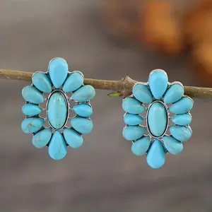 Vintage-Inspired Turquoise Stud Earrings for Women - Geometric Shape, Hypoallergenic, Nickel-Free, Durable, and Comfortable - Perfect Accessories for Bohemian, Southwestern, and Chic Outfits