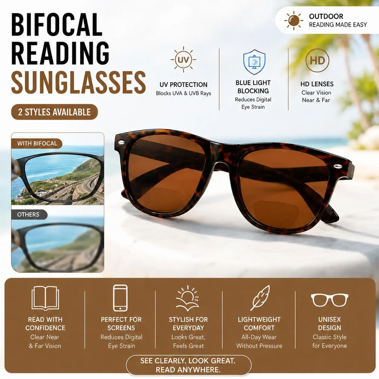 Bifocal Reading Sunglasses for Men & Women, UV Protection Sun Readers, HD Tinted Lenses, Lightweight Outdoor Reader Glasses for Driving, Travel & Daily Use