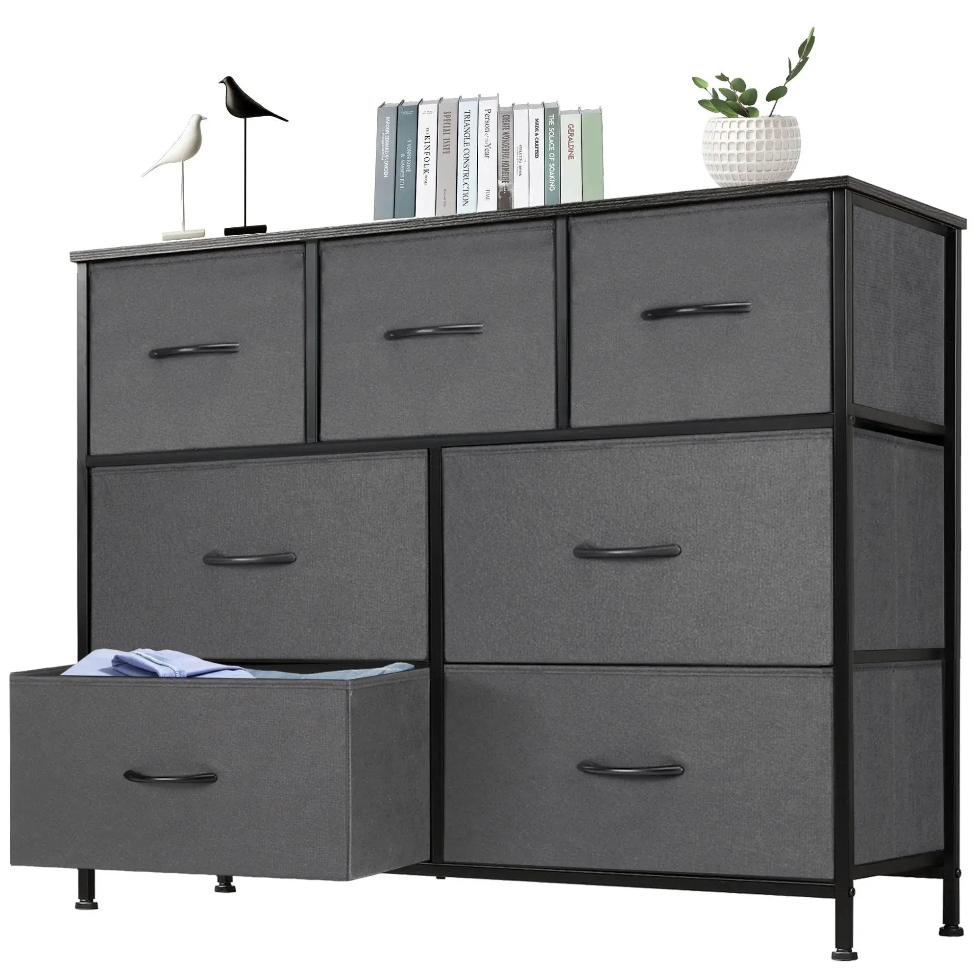 7 Drawer Dresser, Nightstand Storage Wide Chest Of Dressers for Living Room, Bedroom, Hallway, Grey