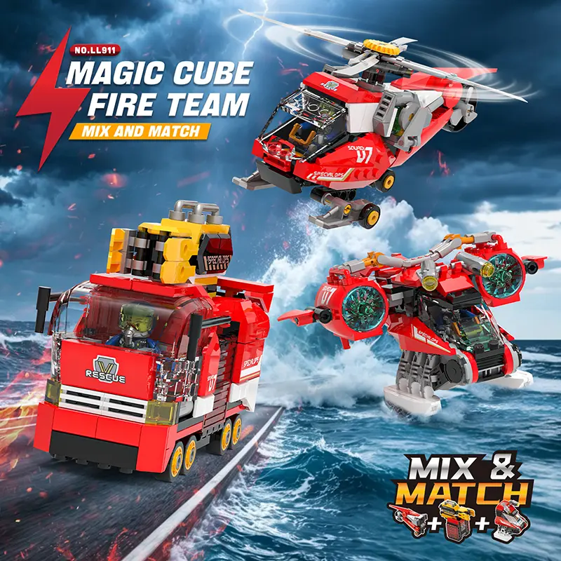 3-in-1 Fire Rescue Team Building Block Set | Buildable fire truck, helicopter, and water rescue vehicle; educational STEM toy for children; great gift for boys and girls