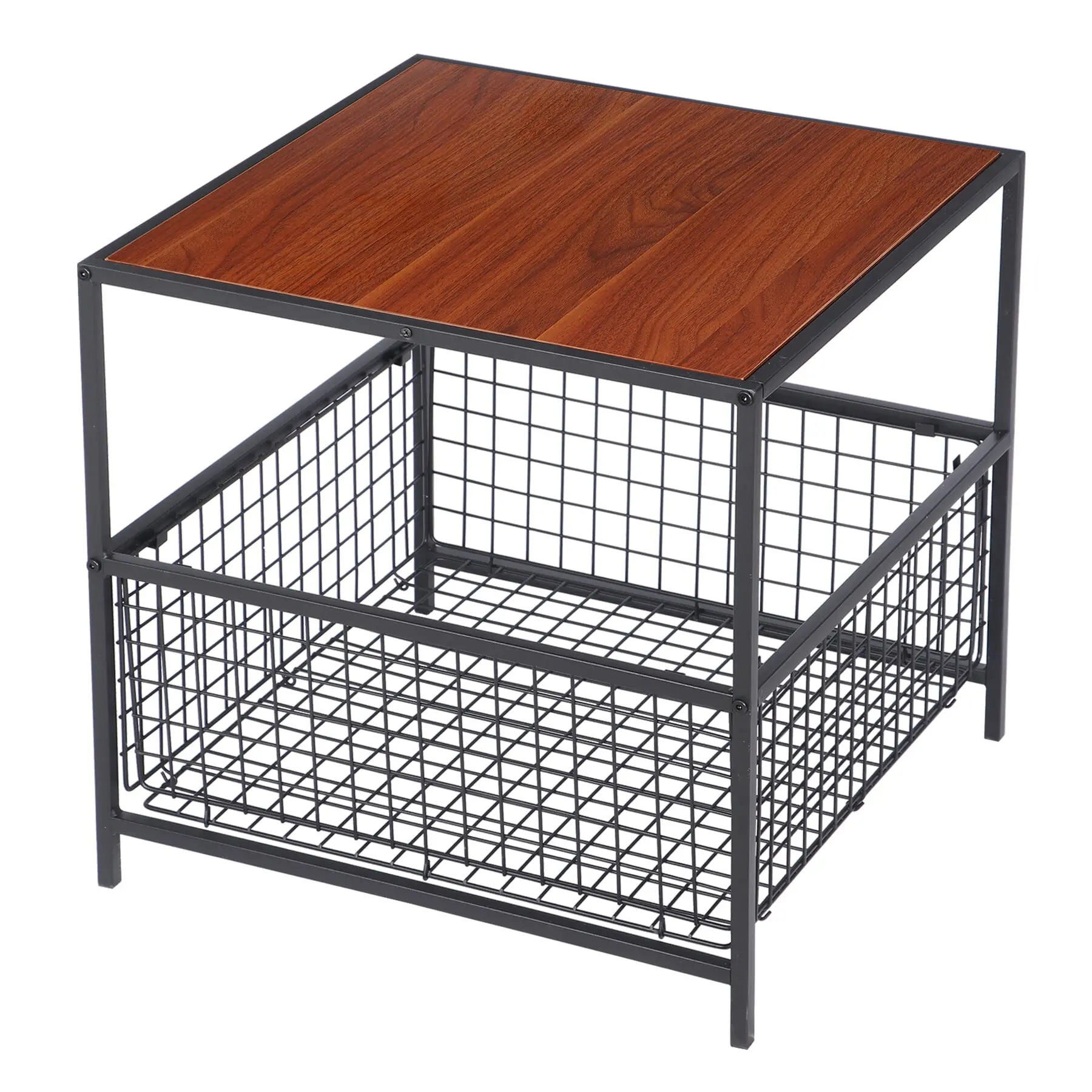 ZENY 20'' Square Modern Side Table - Living Room Furniture with Wire Storage Basket, Red Mahogany, Living Room Tables, Modern Sofa Table, Square Coffee Table
