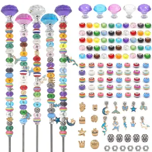 129pcs Garden Stakes Decorative Beaded Garden Stakes with Crystal Stopper Top Round Glass Bead Antique Silver Bail Bead with Pendant Silver Bead for Outdoor Decoration Garden Accessories