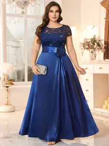 MISSMAY P35664A Plus Sequin Floral Lace Contrast Satin Three-Dimensional Flower Waist Formal Party Maxi Dress, Elegant Party Dress, Summer Dress, Wedding Guest Dress, Prom Dress, For Birthday, Graduation, Homecoming