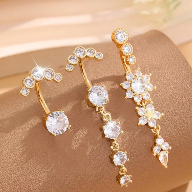 Women's Elegant Flower Design Belly Ring, Belly Button Rings, Belly Button Piercing, Rhinestone Navel Piercing, Stainless Steel Navel Piercing Jewelry, Body Piercing Jewelry, Cute Fashion Unique Accessory for Party & Daily Wear, Body Jewellery