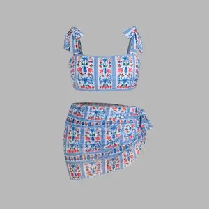 Cider Square Neck Floral Knotted Bracelet Full Coverage Bikini Swimsuit With Sarong Curve & Plus