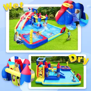 10 in 1 Inflatable Slide Water Park Bouncing House Garden with Splash Pool, Water Shooter, Basketball Hoop, Climbing Wall, Dual Pools and Soccer