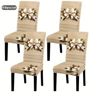 4pcs/6pcs Christmas Bow Pinecone & Beige Wood Grain Digital Print Chair Covers Set - Removable Washable Stretch-Fit Seat Protectors for Festive Dining Room Kitchen Banquet Hall Bedroom Office Living Room Dormitory and Home Decor