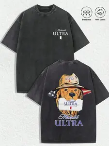Michelob Ultra - American Dog Vintage Graphic Tee Washed Shirt (Available In GrayDark Gray) With Michelob Ultra Logo (Front), Back Art Of Dog In American Flag Hat Holding Michelob Ultra Beer