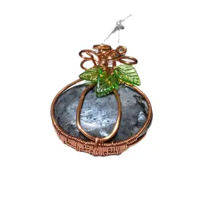 Pumpkin Pendant with Green Leaves and Copper Wire Wrapped Design for Unique Jewelry