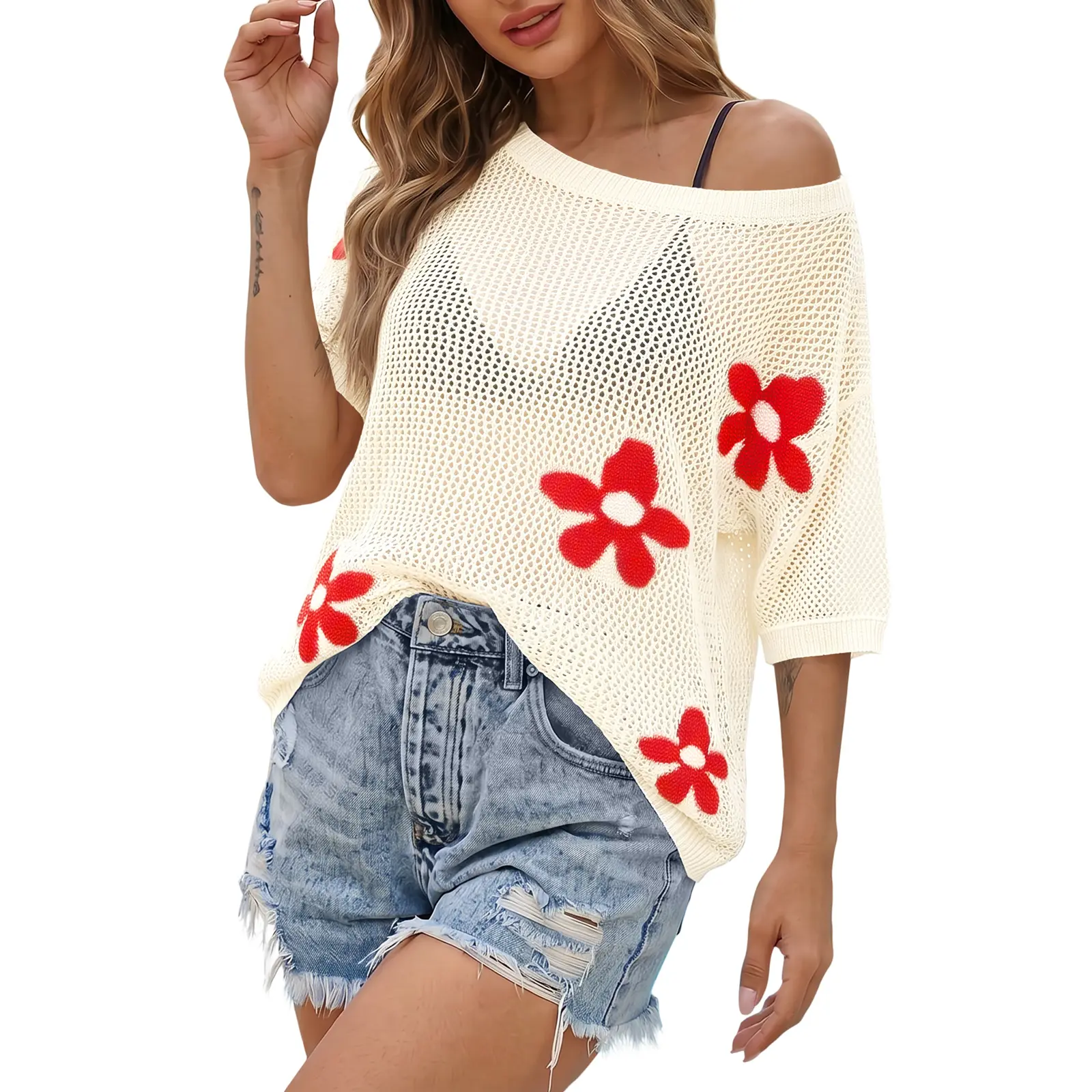 Imily Bela Crochet Floral Sweater Tops Batwing Short Sleeve Oversized Boat Neck Boho Knit Summer Beach Cover Ups