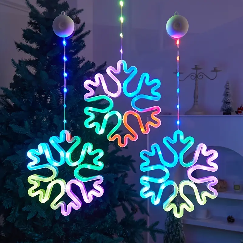 LED Snowflake Window Lights, Multi-Color RGB Christmas Tree Decorations, Plastic, Wall-Mounted, Battery Operated, Holiday Themed, No Remote or Batteries Included