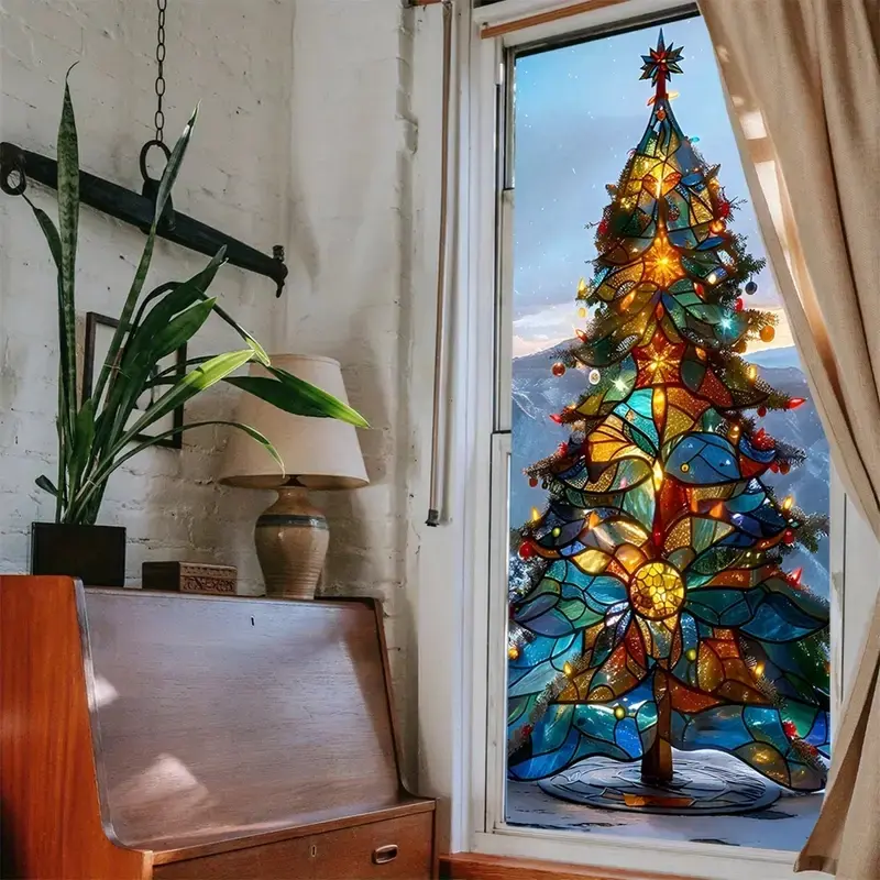 Colorful Christmas Tree Window Sticker, Privacy Film, Durable & Easy Application, Ideal for Home Decor, Glass Door Protection, Decorative Stickers