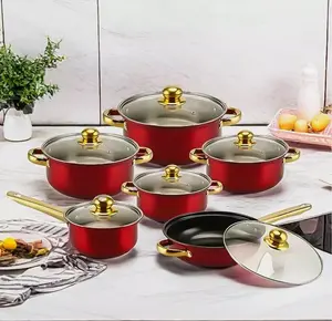 12 Piece Cookware Set Nonstick Pots and Pans Red Home Kitchen Cooking Set with Gold Lids