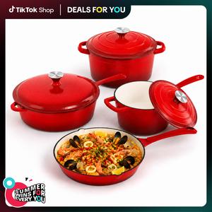 [Deals for you] Kitchen Academy Enamel Cast Iron 7 Piece Cookware Set, Dutch Oven Pot with Lid, Red Non Stick Pots and Pans set, Oven Safe up to 500°F
