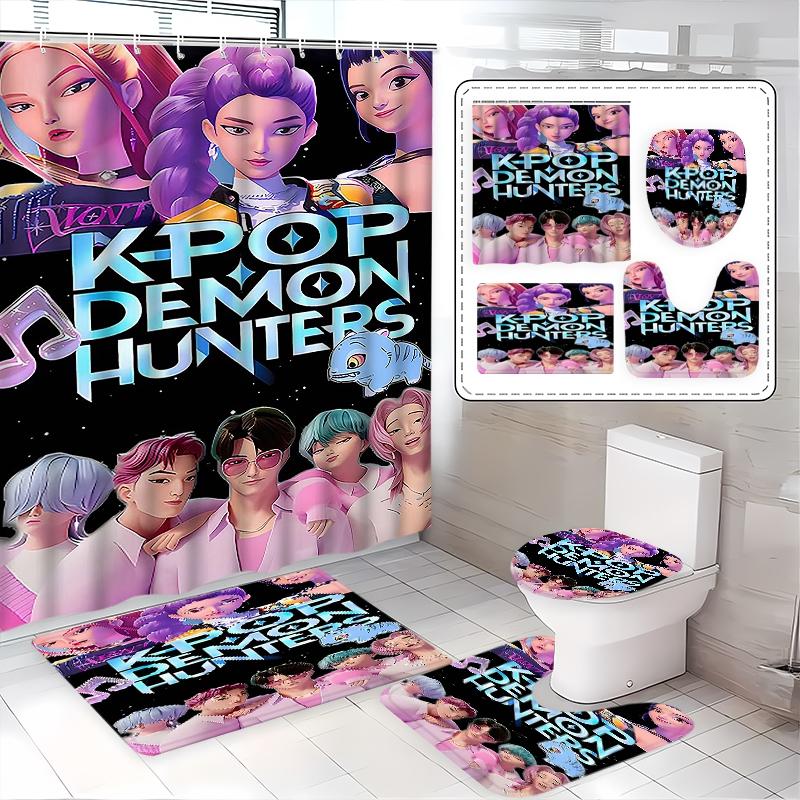 Creative K-Pop Demon Hunters Shower Curtain Set, Fantasy Cute Pet Design, Bathroom Accessories, Includes Bath Mat, Toilet Lid Cover, Hooks