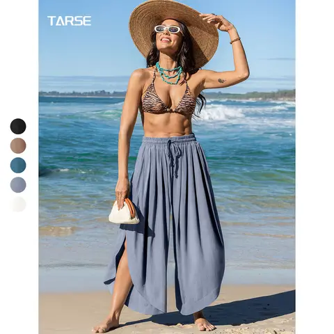 TARSE Womens Linen Blend Breathable Wide Leg Split Skirt Pants Boho Loose Palazzo High Waist Elastic Waist Drawstring 2026 Beach Vacation Pants
