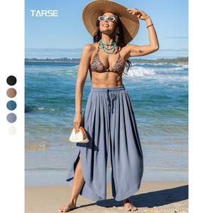 TARSE Womens Linen Blend Breathable Wide Leg Split Skirt Pants Boho Loose Palazzo High Waist Elastic Waist Drawstring 2026 Beach Vacation Pants