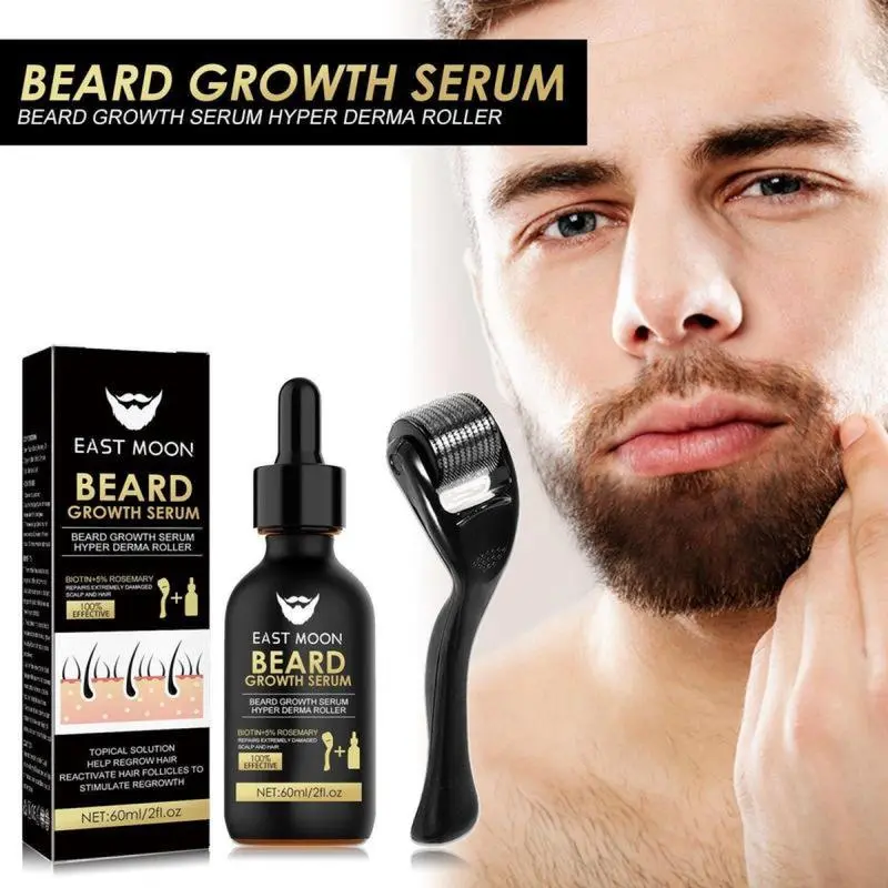 Men's Beard Grooming Kit - 60ml Nourishing Serum, Nutritional Oil, Derma Massage Roller & Natural Luster Care Tools for Men's Grooming Essentials