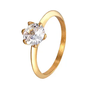 Elegant Golden Round Solitaire Ring for Women, Sparkly CZ Promise Ring, Minimalist Engagement Wedding Anniversary Jewelry Gift for Her Daily Wear