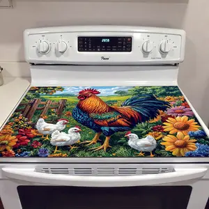 1pc Colorful Rooster& Pastoral Scenery Design, Scratch-Resistant Polyester for Glass Top Stoves, Washing Machine, Dryer- Easy Clean Kitchen Appliance Protector, Stove Top Protector, Fashionable Design, Highquality Material, Household Essentials