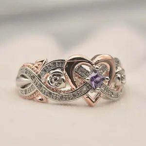 Two-Tone Heart Ring Purple Synthetic Zirconia Romantic Rose Promise Ring Elegant Fashion Jewelry Gift for Women