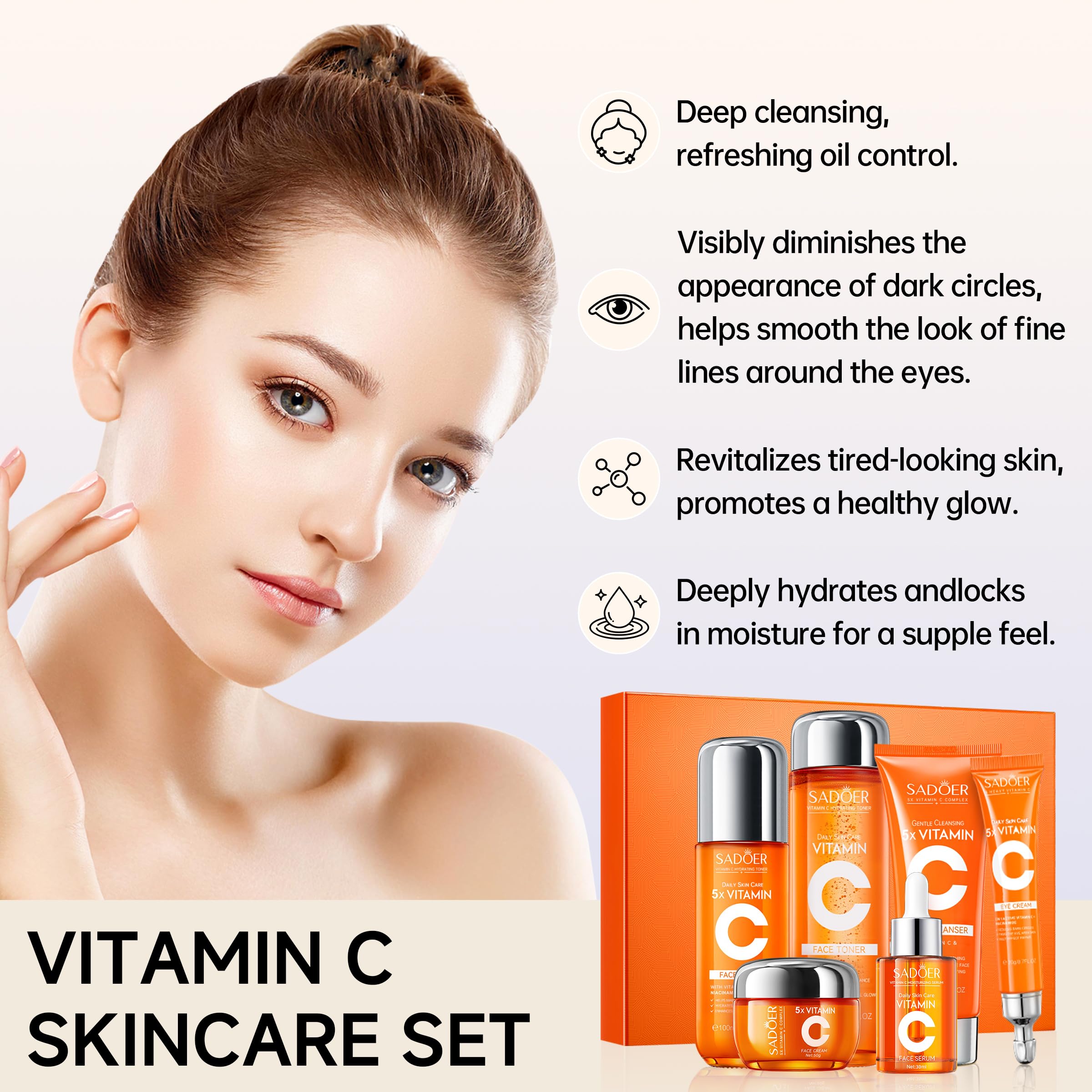 Glowing Skin Essential! SADOER 5X Vitamin C Care Set, Brightening Anti-Aging Hydrating Facial Kit