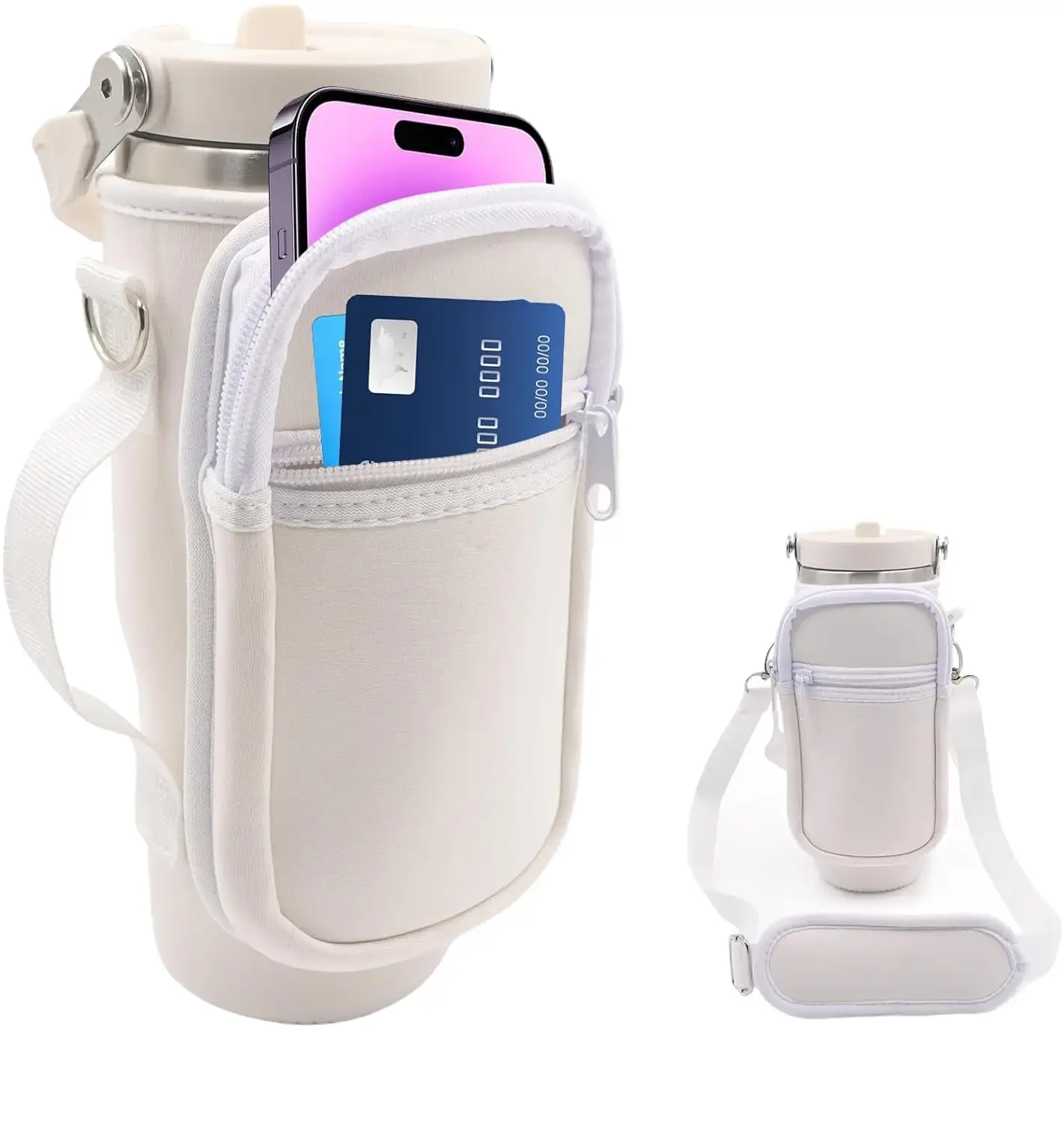 for Stanley Iceflow Flip Straw Tumbler 30 oz, Water Bottle Cup Holder Cover Carrier Sling Bag with Strap, Pouch Pocket for Phone/Accessories, add Handle for Stanley Flip Straw, Neoprene (Cream)