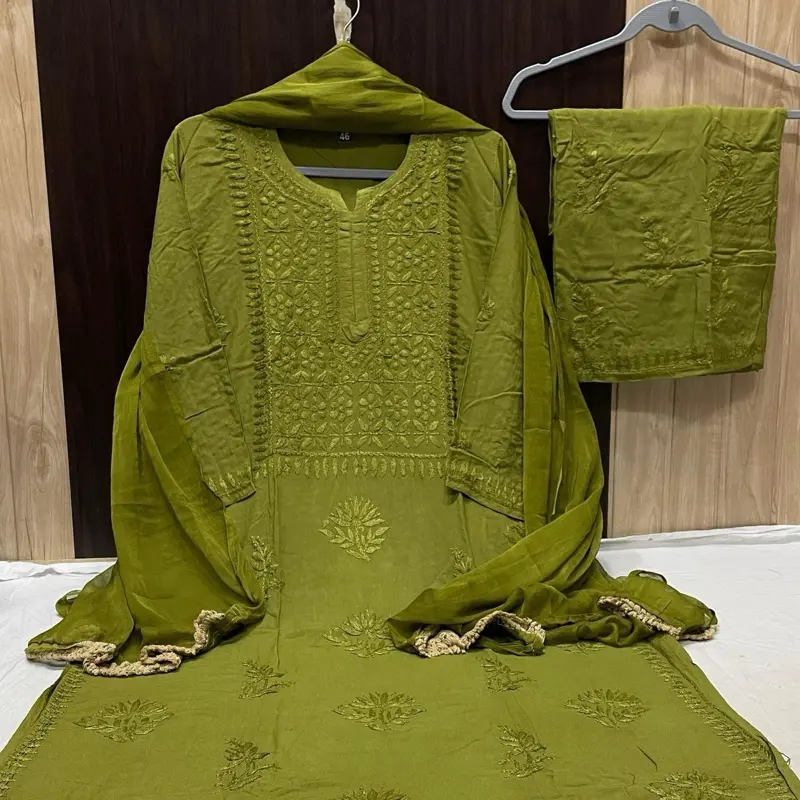 Beautiful Soft Rayon dyeable fine, embroidery Chikankari work 3pcs suits kurti and pant