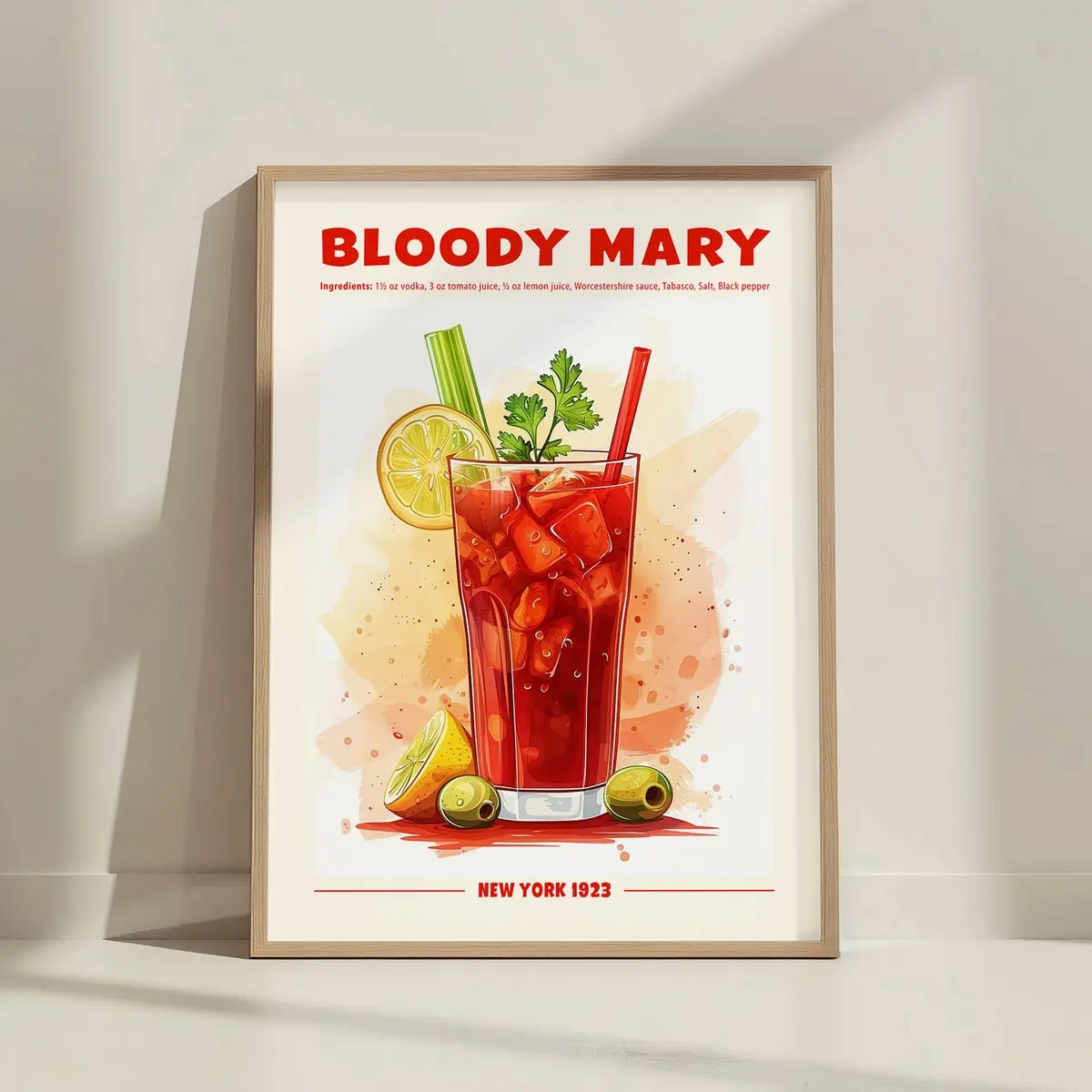 Bloody Mary Cocktail Print – Retro Drink Poster, Home Bar Decor, Mixology Gift, Classic Cocktail Recipe Art, Unframe