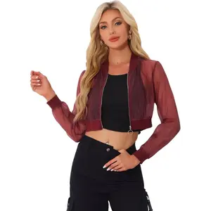 INSPIRE CHIC Women's Long Sleeve Stand Collar Crop Sheer Mesh Bomber Jacket Small Burgundy