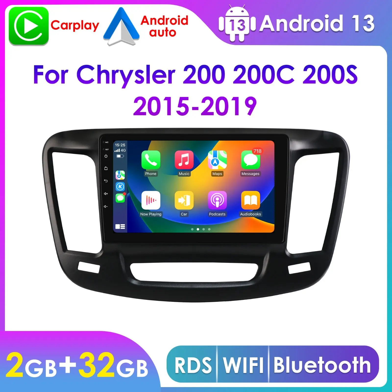 Hizpo Quad-Core Android 14 LCD Intelligent Autoradio for Chrysler 200/200C/200S (2015-2019) - Car Accessory with GPS Navigation, Supports DAB+, Touchscreen, Multimedia Video Player