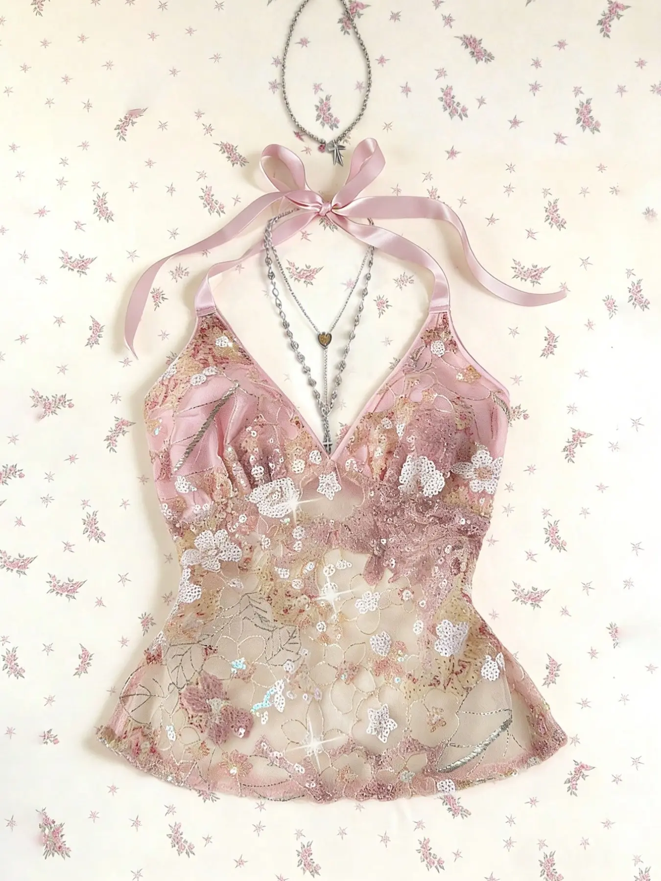 Women's Summer Casual Elegant Sleeveless halter Lace Sequins Patchwork V-Neck Backless Tie Hollow Out Slim Fit Top, Cute Sweet Style Sleeveless Tank Vest