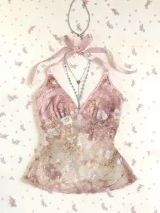 Women's Summer Lace Sequins Patchwork V-Neck Backless Hollow Out Slim Fit Halter Top, Cute Sweet Style Sleeveless Tank Vest