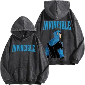 Retro Superhero Battle Hoodie Washed Cotton Oversized Streetwear Heavyweight Comic Style Graphic for Fans
