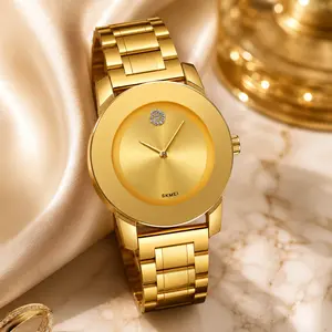 SKMEI Women's Quartz Watch, Minimalist Dial with Stainless Steel Band, Slim 9.8mm Gold Fashion Watch, Sparkle-Style Accent at 12 O'Clock, Lightweight Dress Watch for Daily Wear and Office