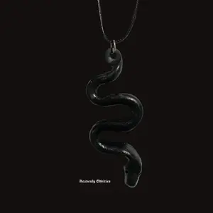 Heavenly Oddities Black Polymer Clay Snake Pendant on Black Leather Chain Unique Design Jewelry