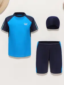 Boys' Fashion Solid Color Swimwear Set, Summer Swimwear, Soft Comfortable Quick-Dry Breathable Fabric, Casual Sport Style Swimsuit Trunks Cap Three-Piece Set