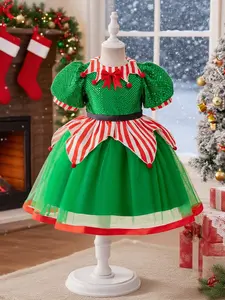 Girls dress Christmas holiday princess dress children's dress performance dress children's dress sequined red and green Christmas elf costume children's evening dress