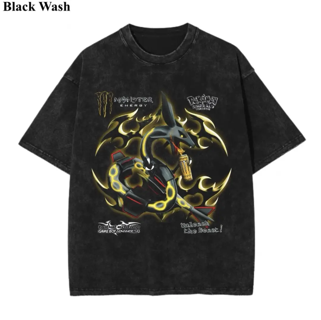 Vintage Rayquaza Mega x Yellow Soda Tee, Pocket Monster x Energy Soda Graphic Tees, Pocket Monster T-Shirt, Unisex Anime Shirt, Gym Workout Shirt, Menswear Womenswear Streetwear Top Fit Oversize