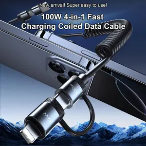 One Fish 4-in-1 Coiled Fast Charge Data Cable，100W 4-in-1 Fast Charging Coiled Data Cable，USB & Type-c，5ft Stretchable Charging Cable for iPhone, iPad, Samsung & Laptops,Smartphone,Cellphone,Tablets