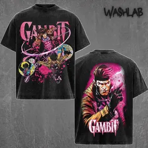 Retro Gambit X-Men Gambit Mutant Hero Graphic Tee Washed – Double Sided Print Oversized Acid-Washed Heavyweight Cotton T-Shirt – Unisex Comic Tee, Perfect Gift for Comic Fans and Lovers Menswear Tops Distressed T33