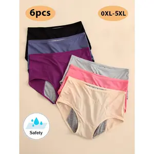 6-Pack - Women'S Plus Size Leak-Proof Menstrual Panties Mesh Super Breathable Panties High Elastic Panties Three-Layer Widened Leak-Proof Layer Briefs High Waist Tummy Tuck Underwear Women'S