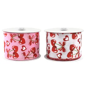Valentine's Heart Shaped Cherries Wired Ribbon, 10-yard