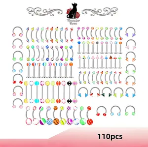 110-Piece Printed & Transparent Assorted Color Tongue Ring Set, Hypoallergenic Stainless Steel and Acrylic Material, Suitable for Multiple Piercing Locations, Can Be Used as Personal Piercing Jewelry or Small Gifts